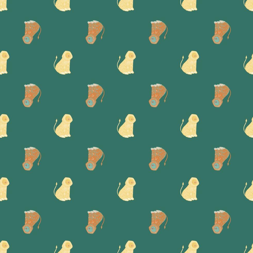 Nature wildlife seamless pattern with doodle beige lion silhouettes. Turquoise background. Simple design. vector