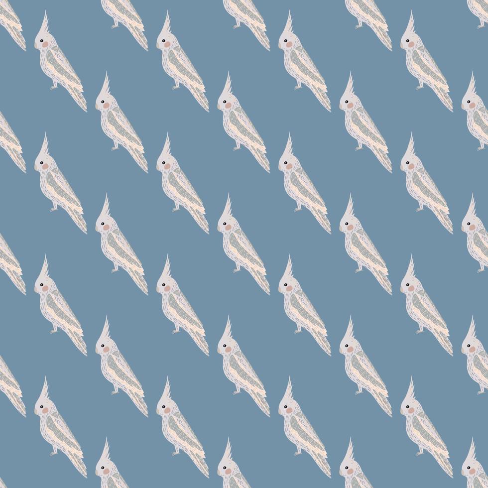 Light cockatoo parrot hand drawn seamless pattern in doodle style. Blue background. Exotic bird print. vector