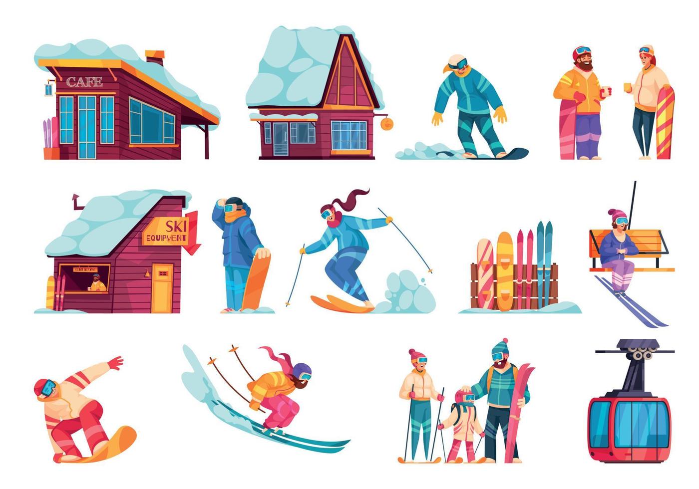 Winter Ski Resort Cartoon Set vector