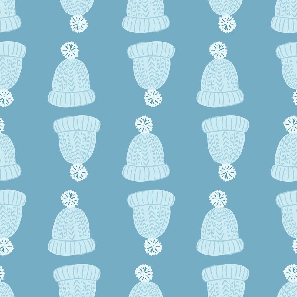 Winter seamless pattern with accessory hat ornament. Blue palette cozy artwork. vector