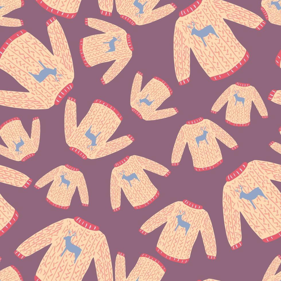 Knitted pullover random ornament seamless winter pattern. Purple pastel background. vector