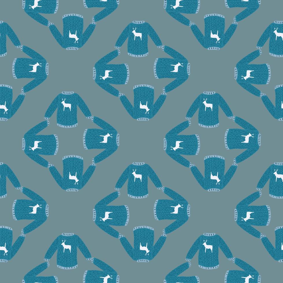 Cartoon abstract blue sweater ornament seamless pattern. Grey background. Clothes backdrop. vector