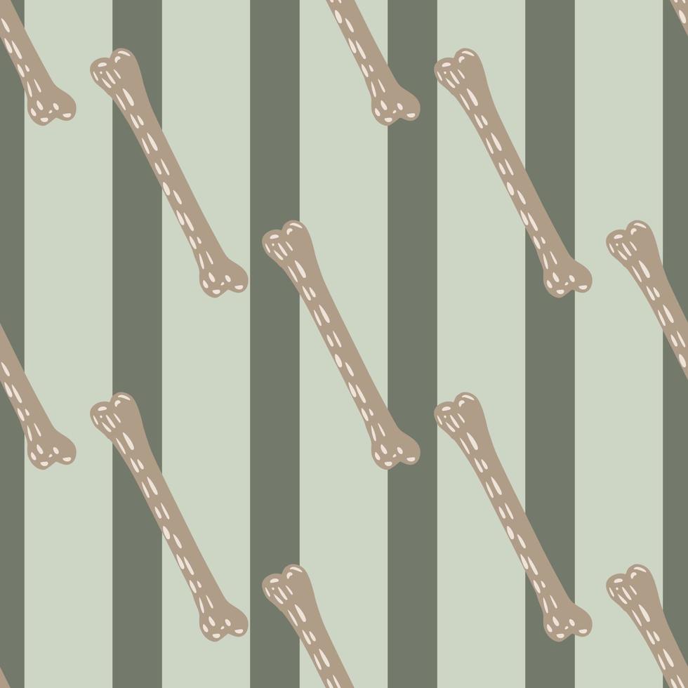 Hand drawn seamless horror pattern with beige dashes bones ornament. Grey striped background. vector