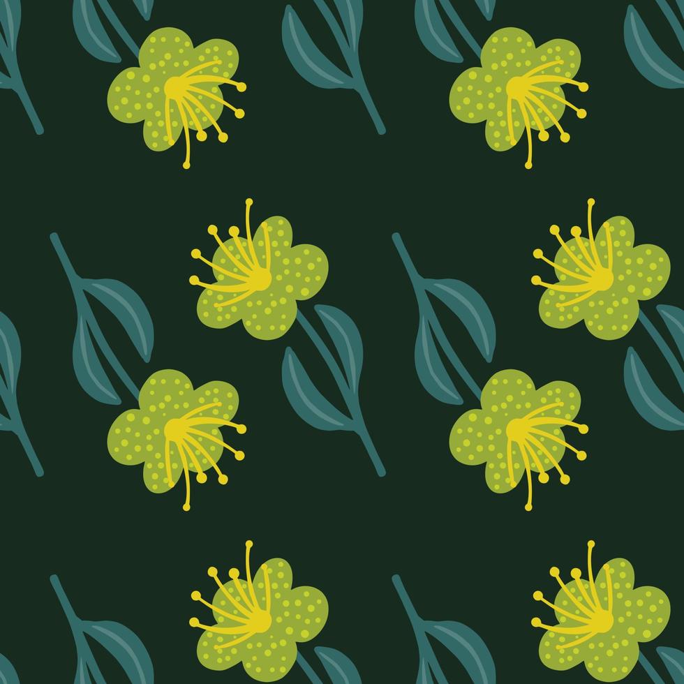 Bright green flower silhouettes seamless pattern. Botanic nature ornament with dark background. vector