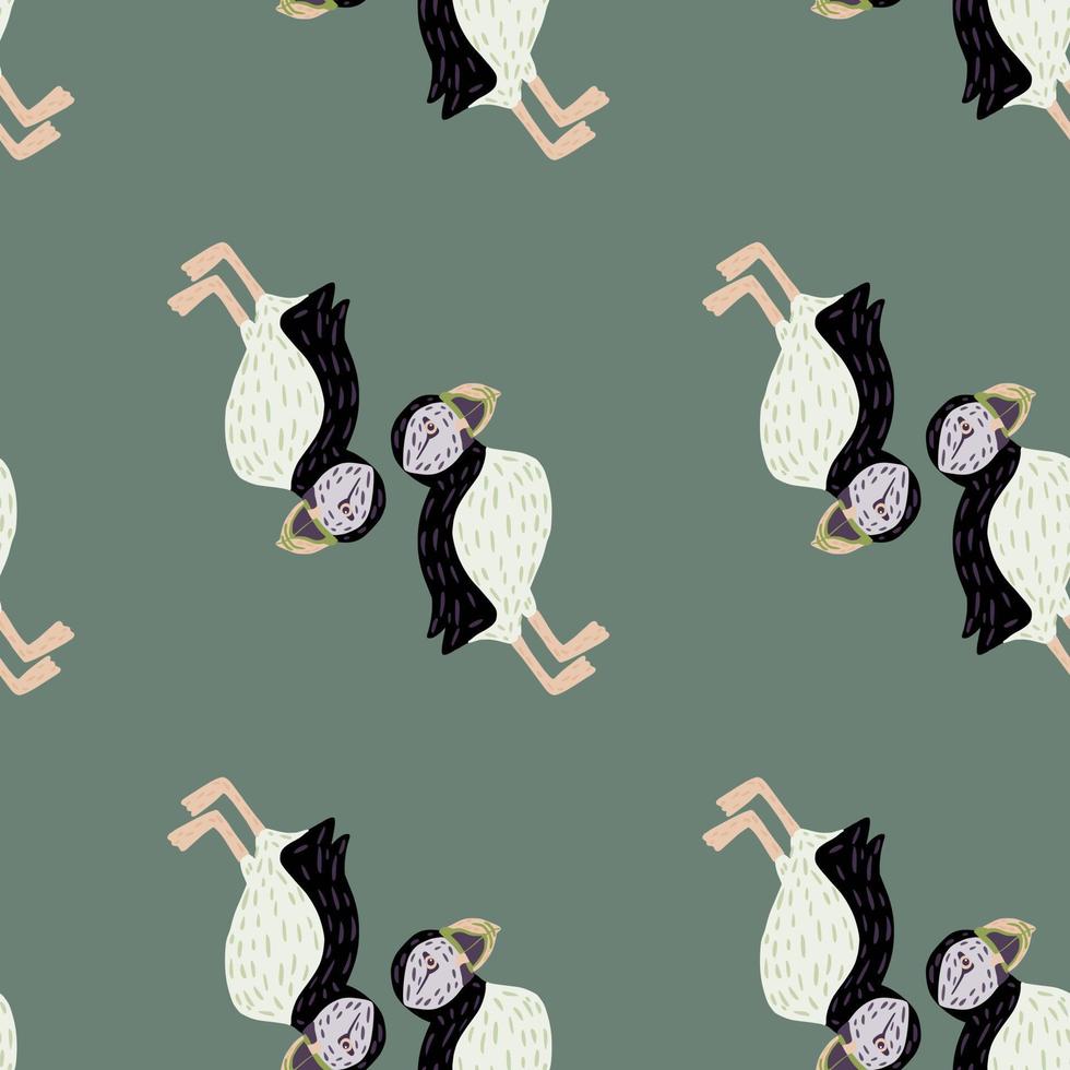 Minimalistic style seamless pattern with black and white puffin bird silhouettes. Pale blue background. vector