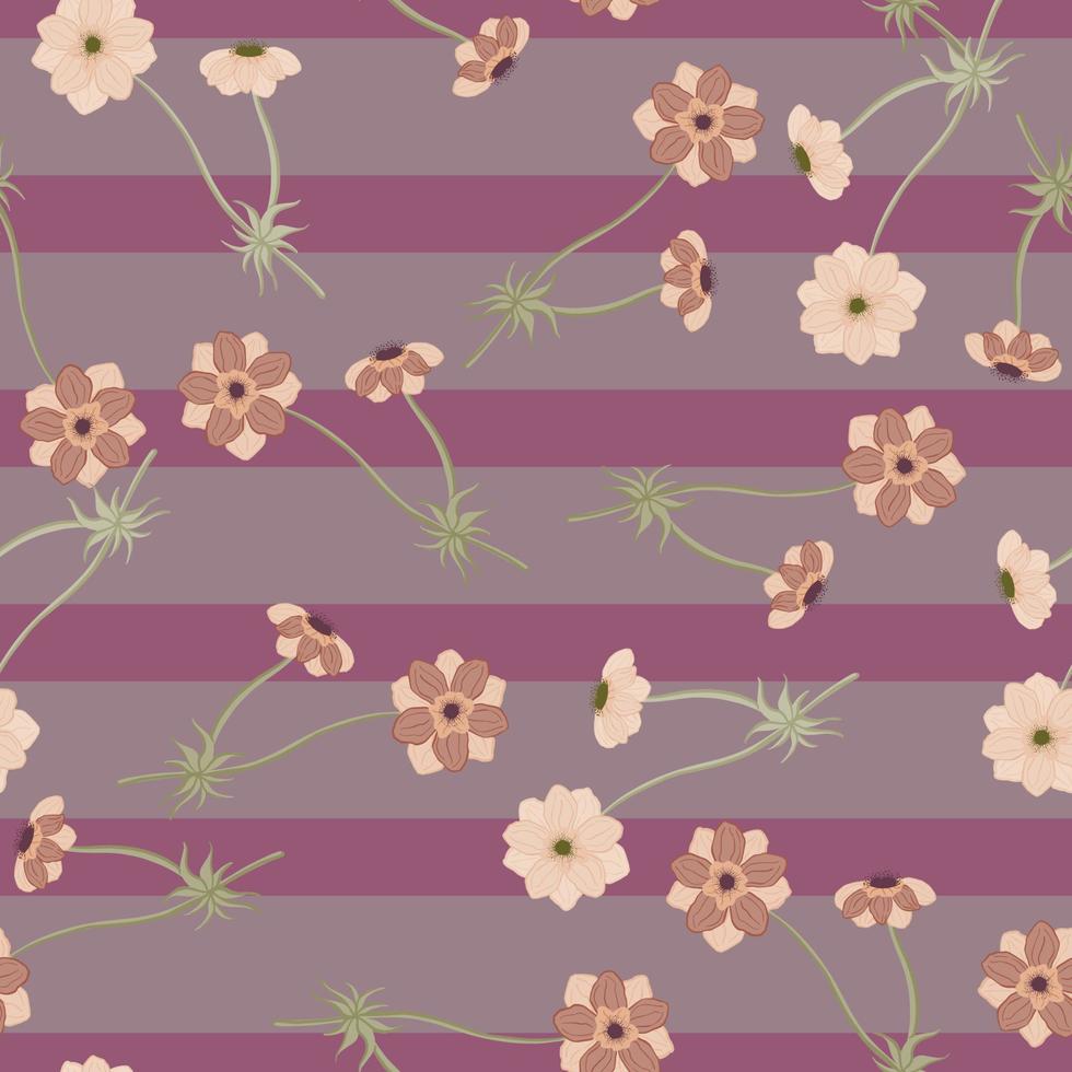 Vintage style seamless pattern with anemone flower shapes. Purple striped background. Random botany artwork. vector