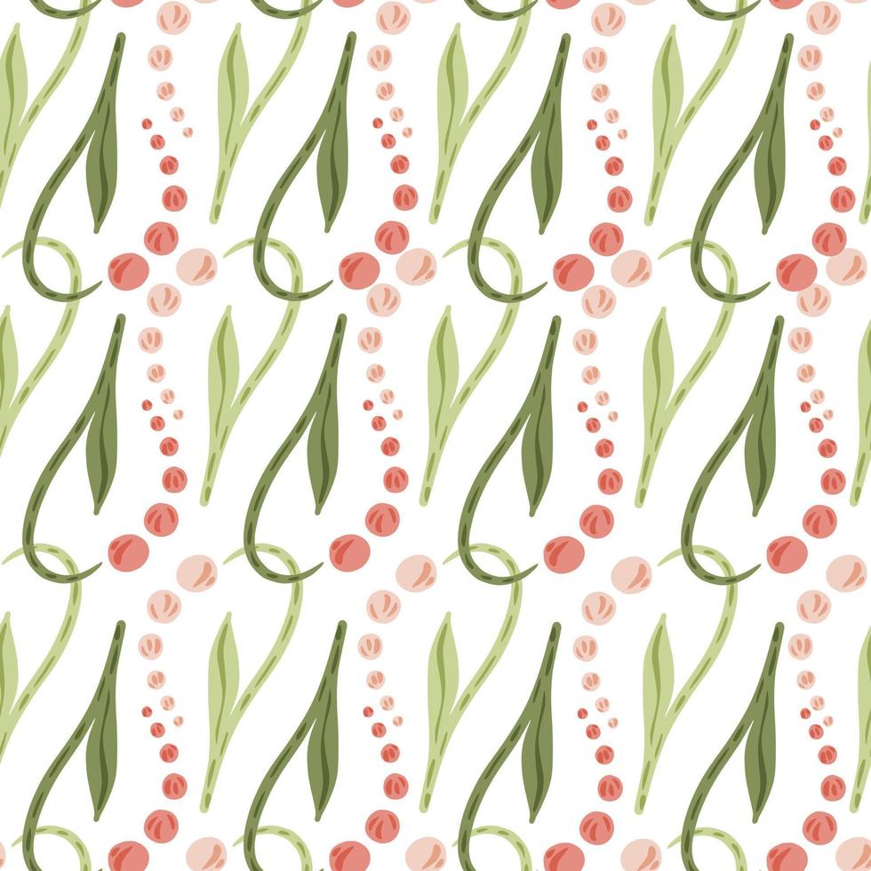 Pink lily of the valley flowers and green leaves seamless pattern. Isolated backdrop. White background. vector