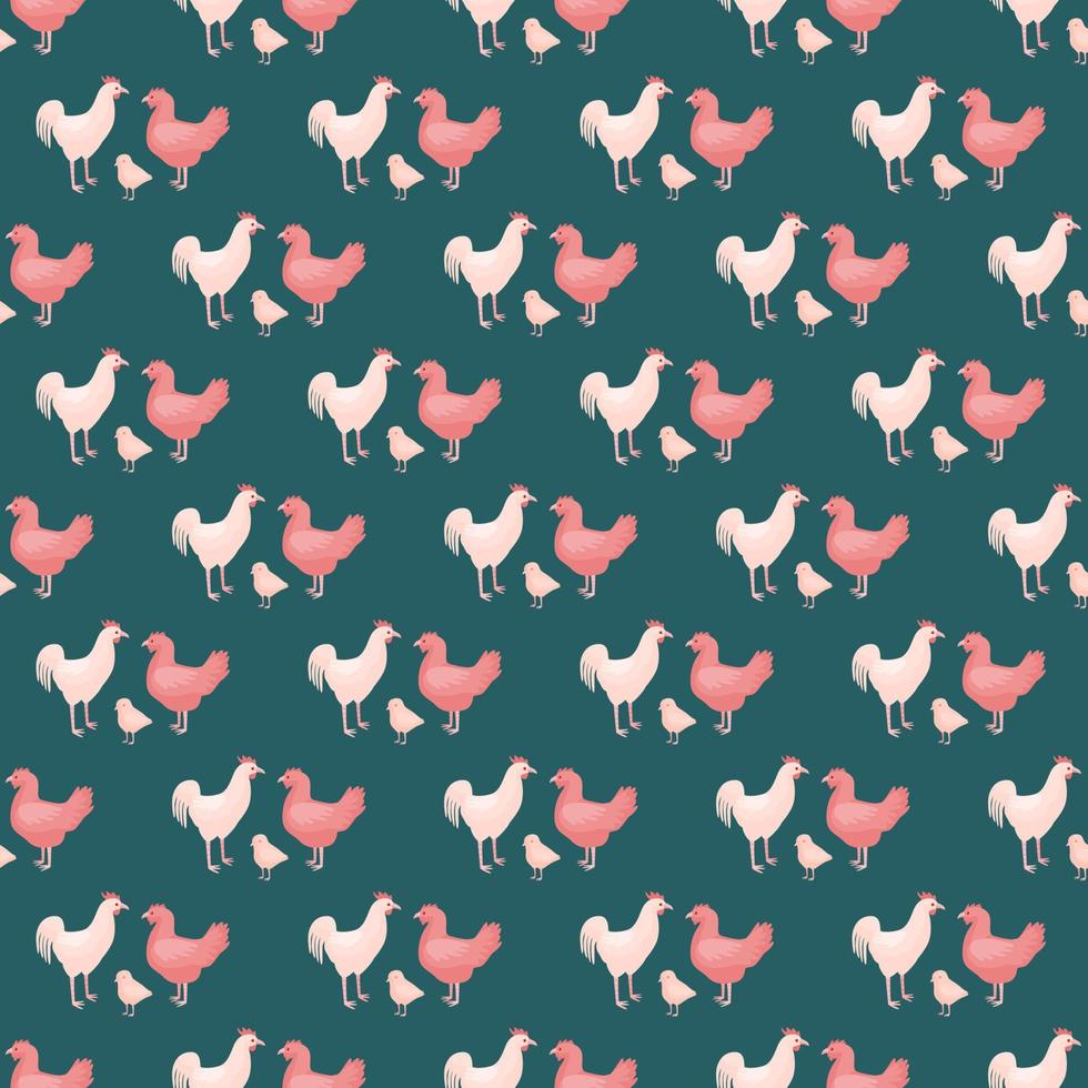 patrón sin costuras de la familia del pollo. animales domésticos en colores de fondo. ilustración vectorial para textiles. vector