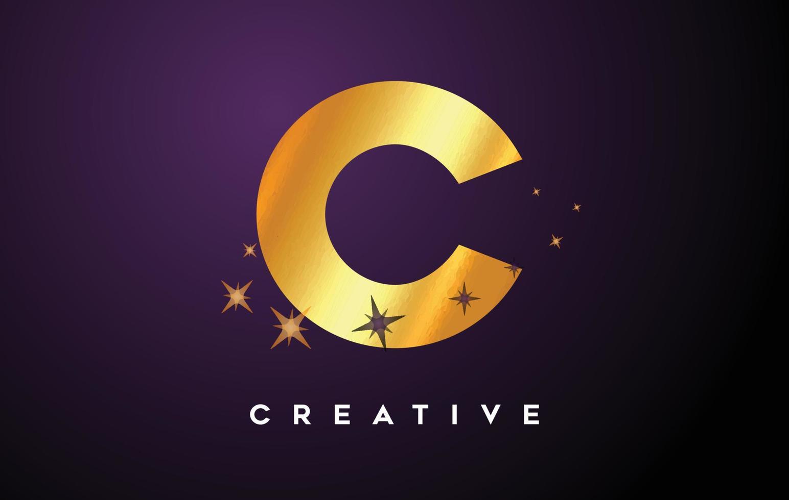 Gold C Letter Logo with Golden Glitter Stars and Gold Foil Texture Icon Vector