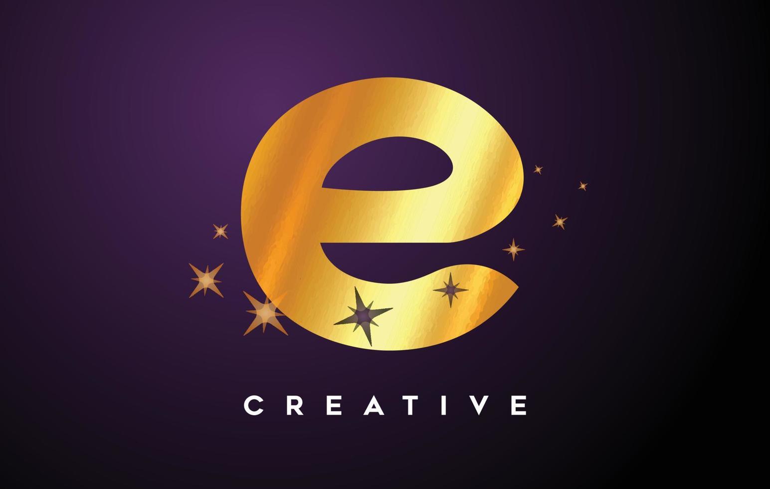 logotipo de letra e dorada con estrellas de brillo dorado y vector de icono de textura de lámina dorada