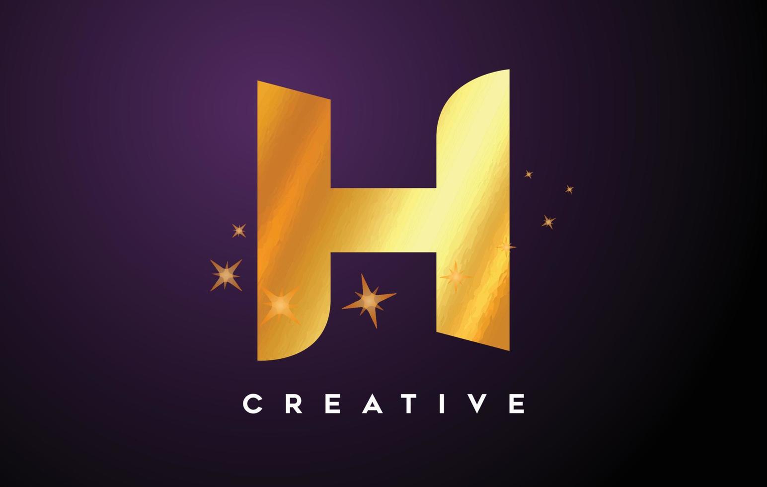 logotipo de letra h dorada con estrellas de brillo dorado y vector de icono de textura de hoja de oro
