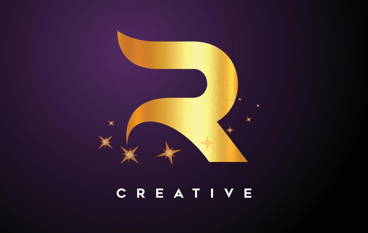 Gold R Letter Logo with Golden Glitter Stars and Gold Foil Texture Icon Vector
