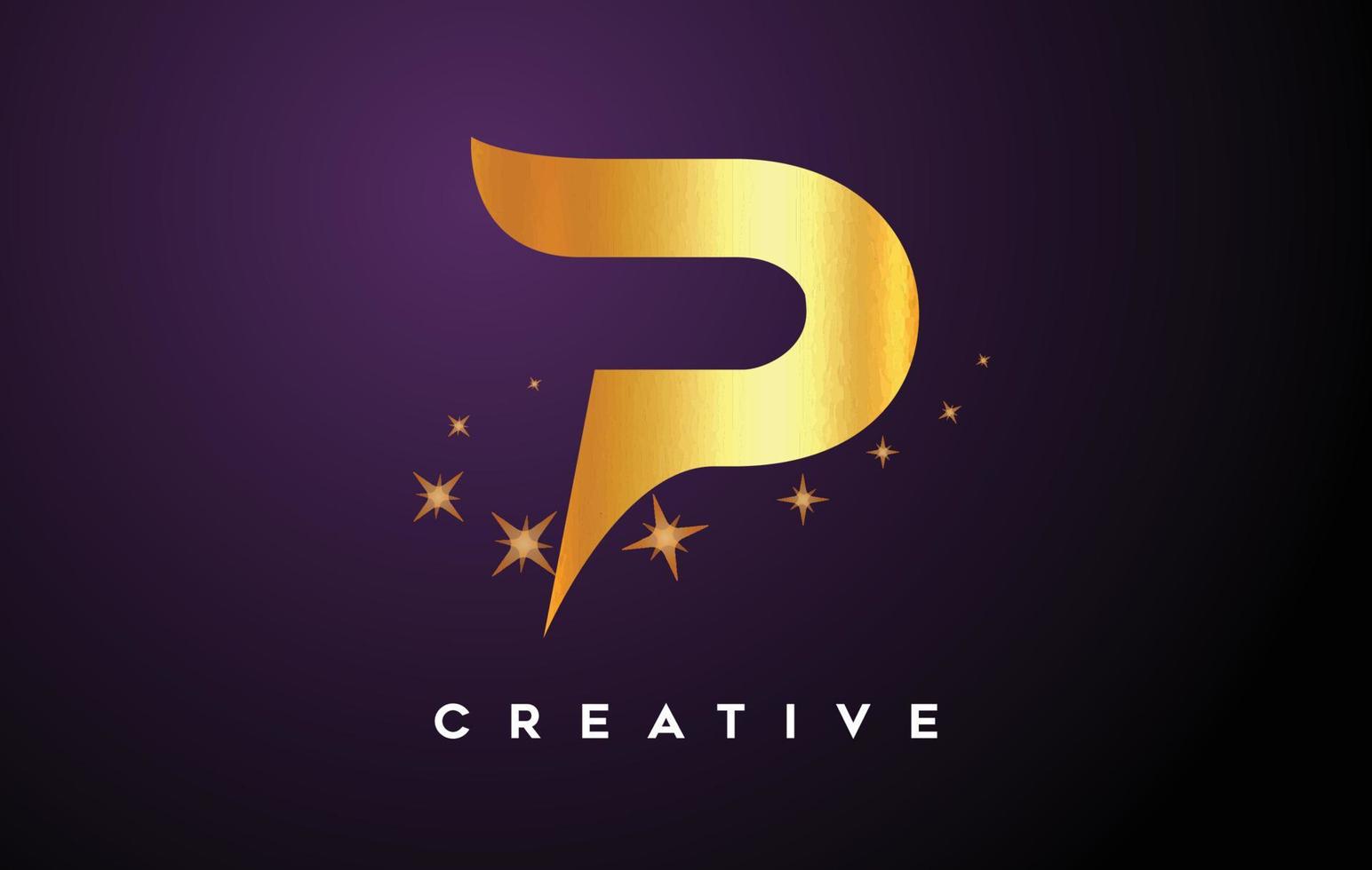 Gold P Letter Logo with Golden Glitter Stars and Gold Foil Texture Icon Vector