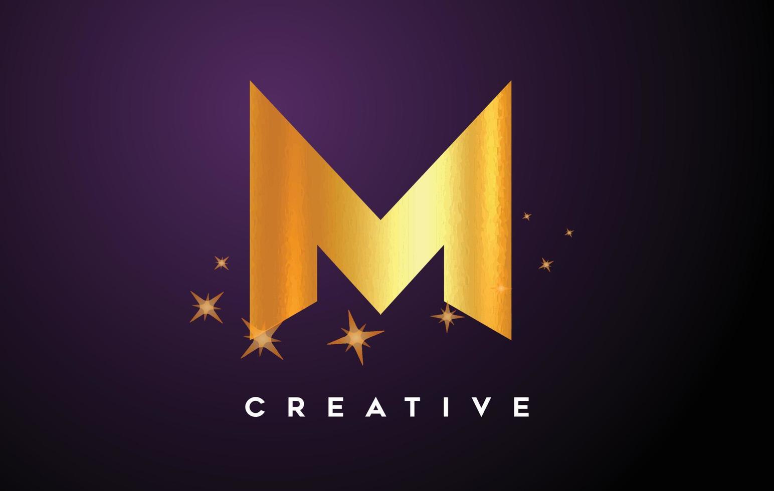 Gold M Letter Logo with Golden Glitter Stars and Gold Foil Texture Icon Vector