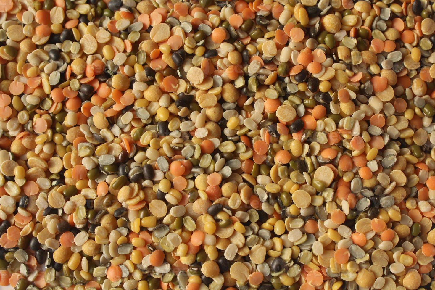 A bowl of mixed lentils that are widely used in India. Lentils are Red lentil, Mung bean, Black gram, Pigeon pea, and split Chickpea. photo