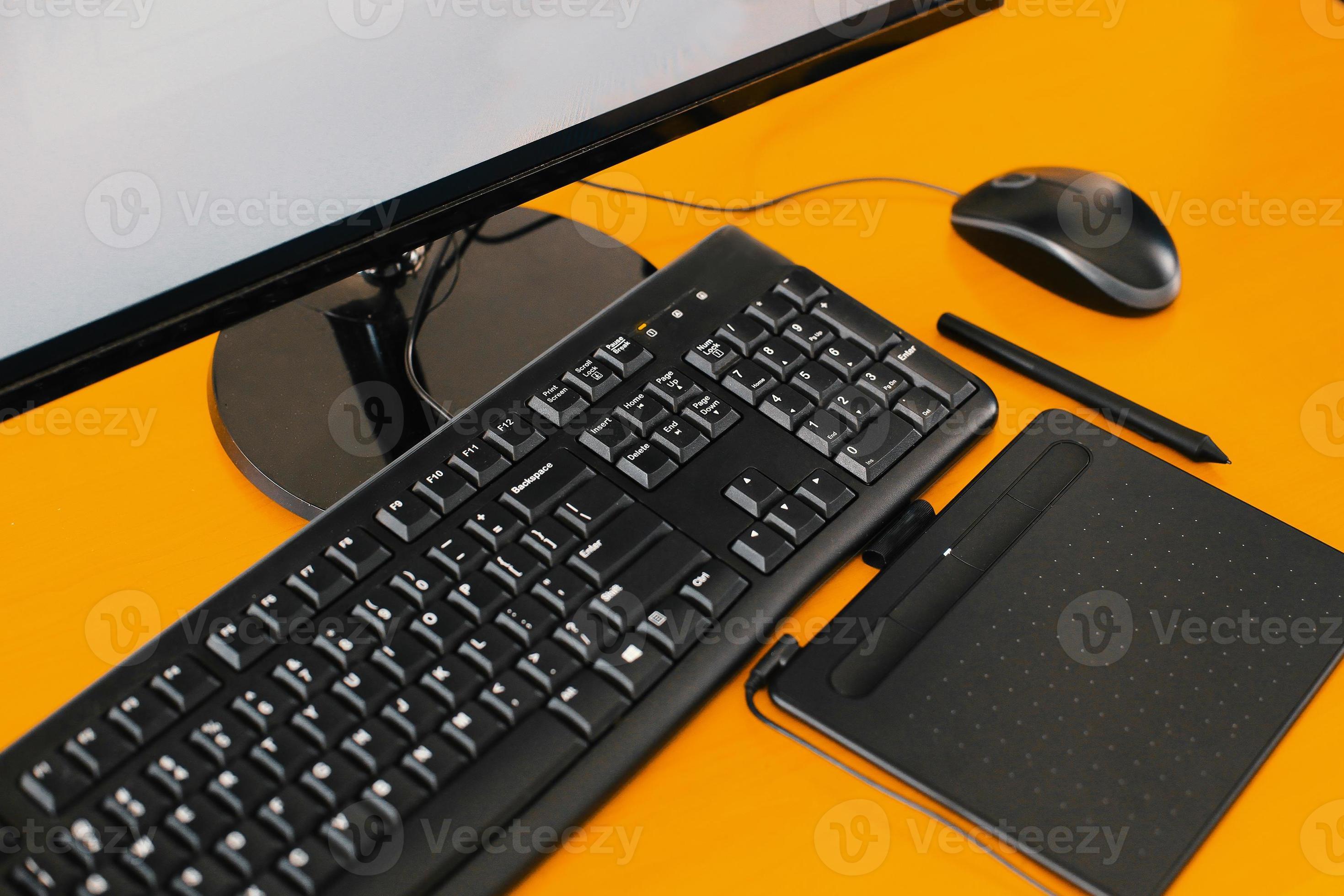Black Modern Office tools, pc monitor, keyboard, mouse, drawing pen