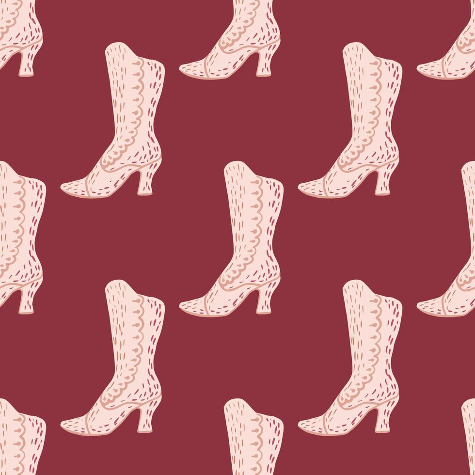 Simple hand drawn boots ornament seamless pattern. Doodle pink shapes on maroon background. vector