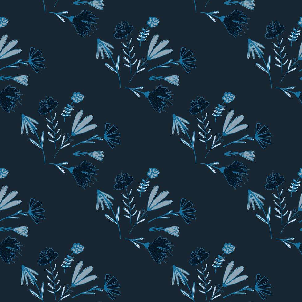 Blue colored cute flower bouquets seamless pattern. Hand drawn vintage botanic print. vector