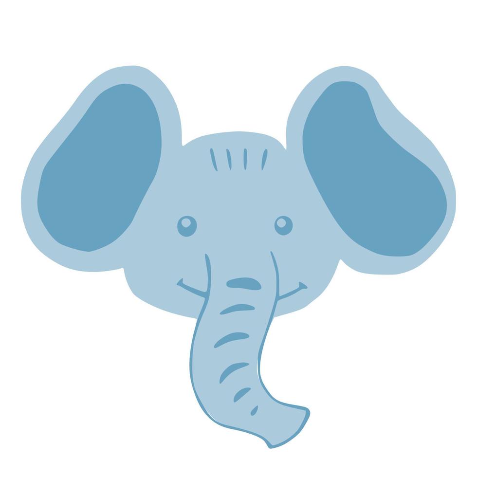 Face character elephant isolated on white background. Cute cartoon character with trunk blue color in doodle style. vector