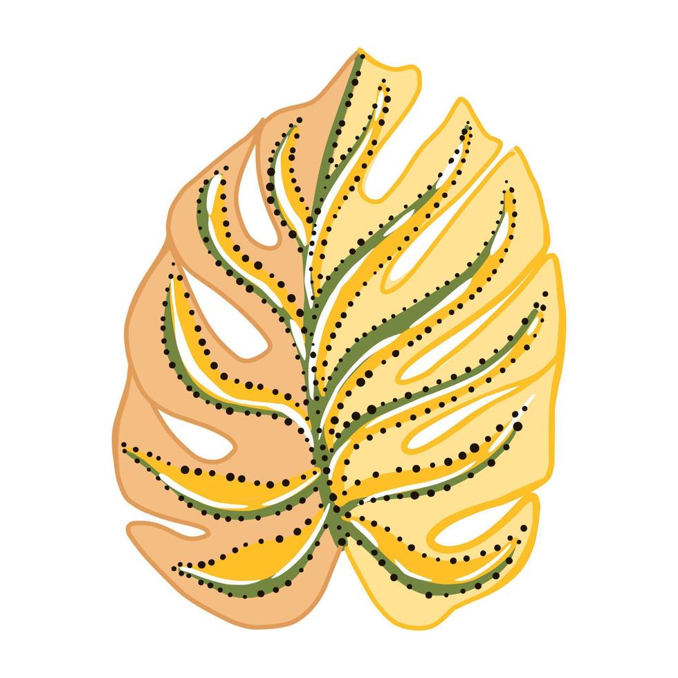 Decorative leaf monstera yellow on white background. Abstract sketch tropical leaf. vector