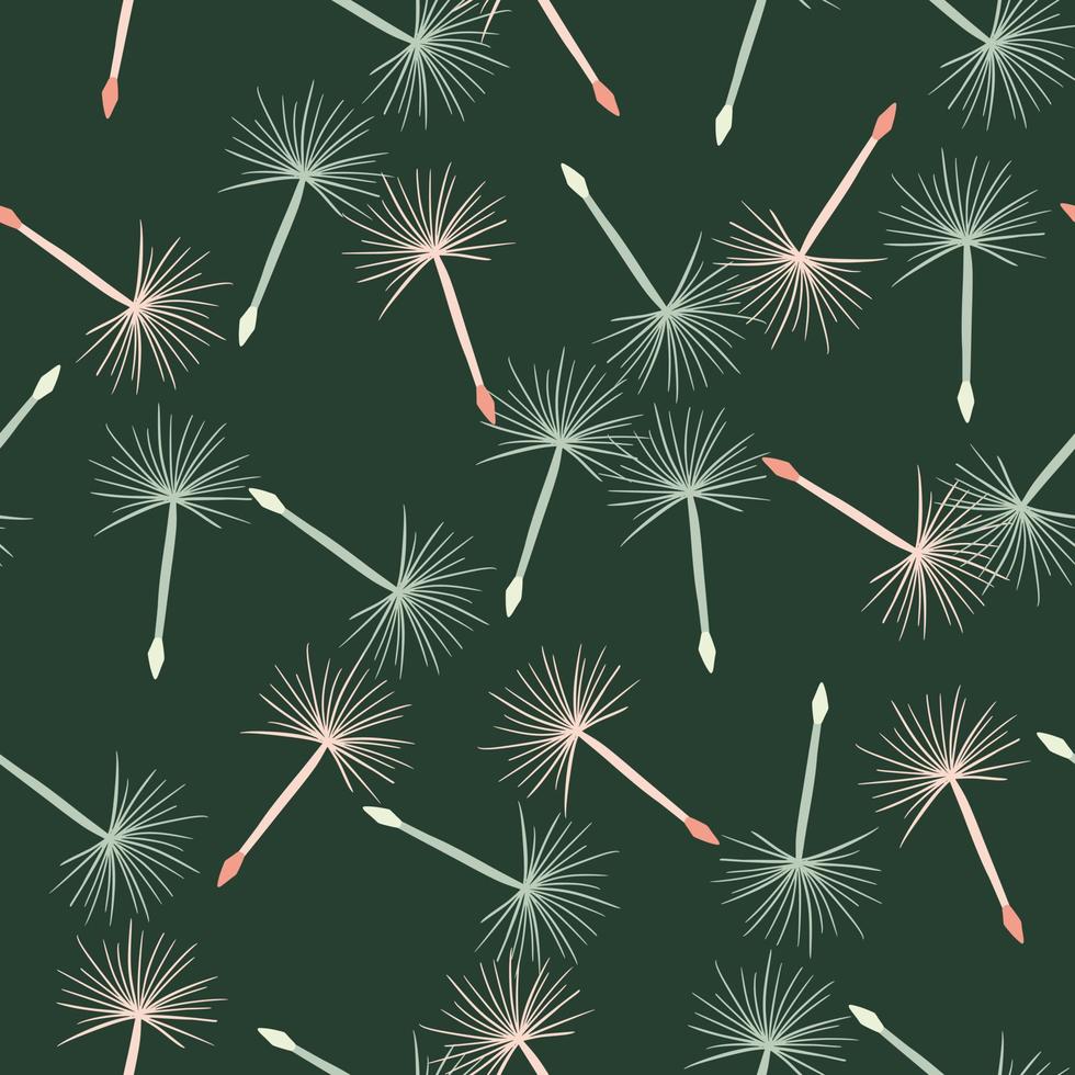 Dark meadow nature seamless doodle pattern with random dandelion shapes. Dark green background. vector