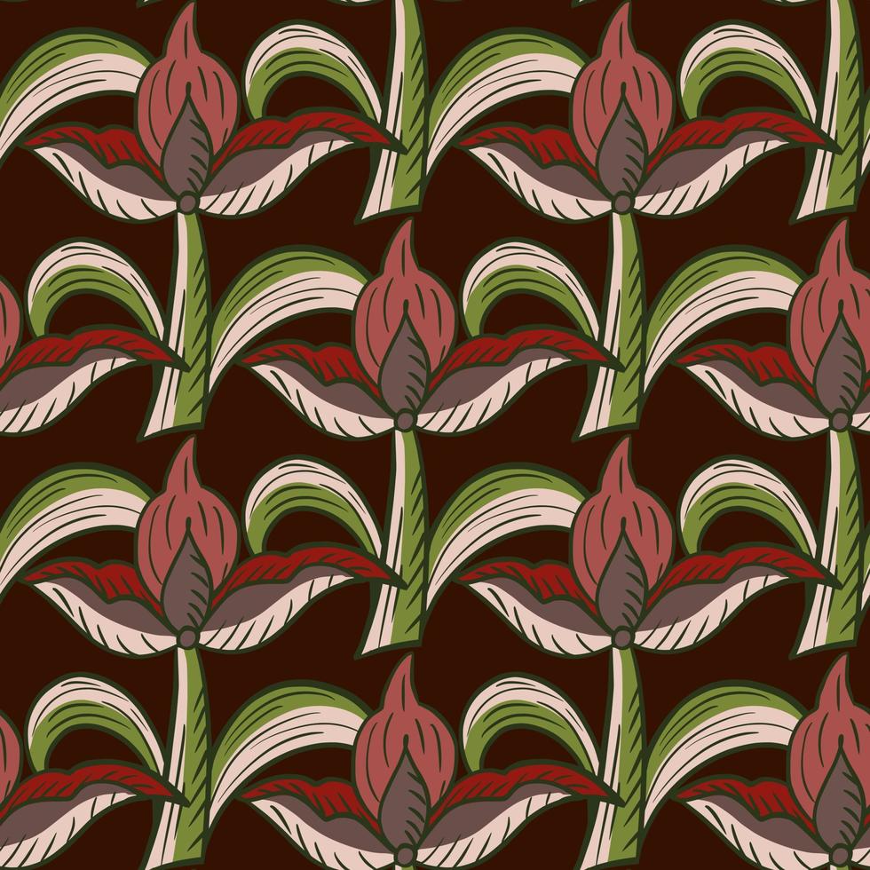 patrón natural sin costuras con elementos abstractos de flores de tulipán grandes. fondo granate oscuro. vector