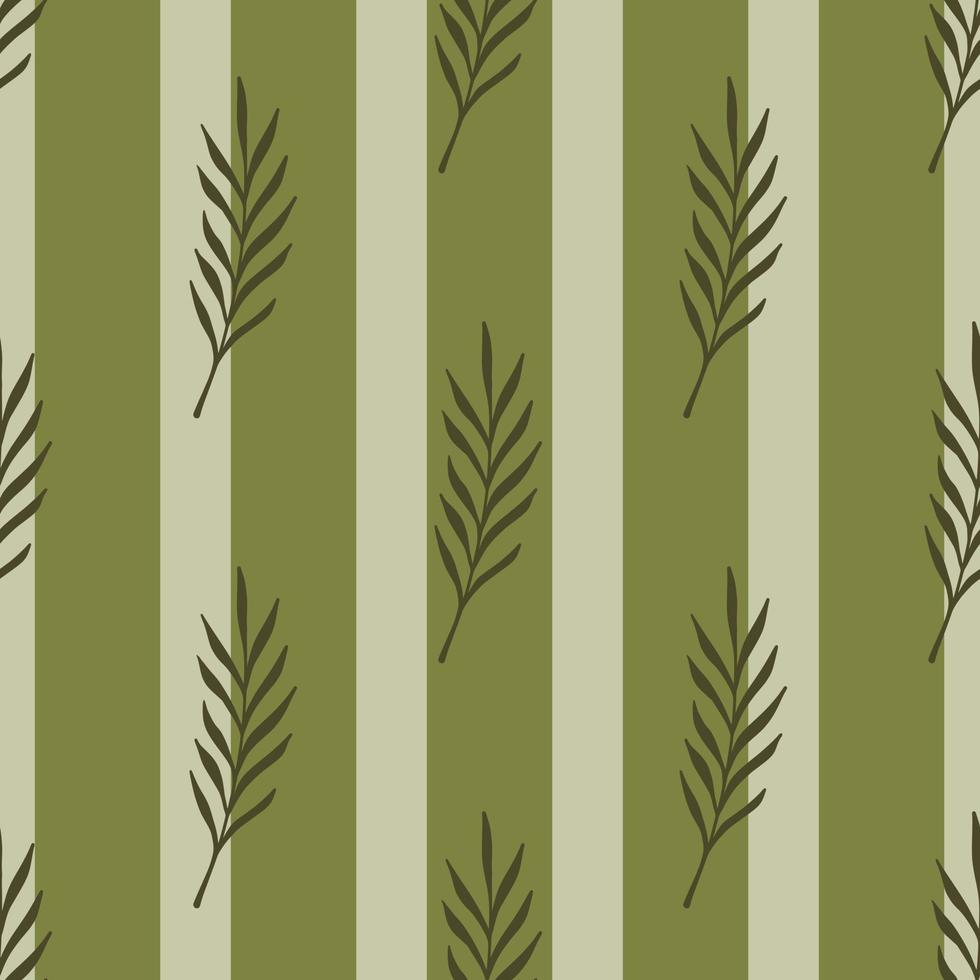 hojas minimalistas marrones ramas patrón de naturaleza sin costuras. fondo rayado gris y verde. vector