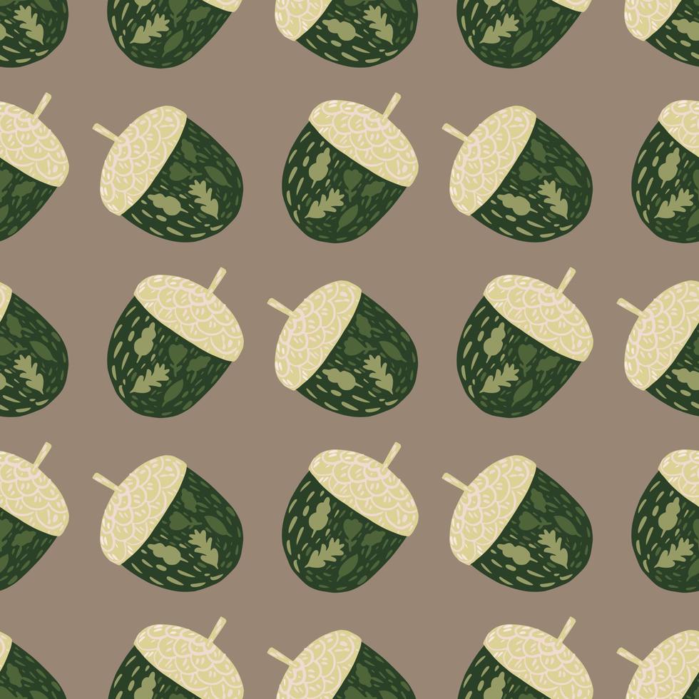 Decorative seamless pattern with simple green acorn silhouettes. Beige background. vector