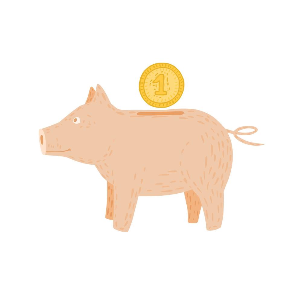 Pig moneybox isolated on white background. Funny cartoon character pink color with yellow coin in doodle style. vector