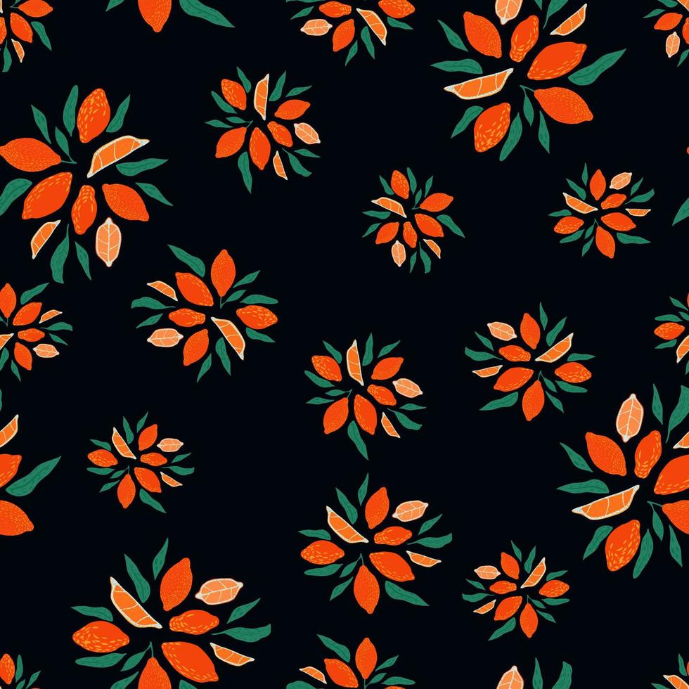 Vintage red lemons abstract fruit seamless pattern. BLack background. Random food backdrop. vector
