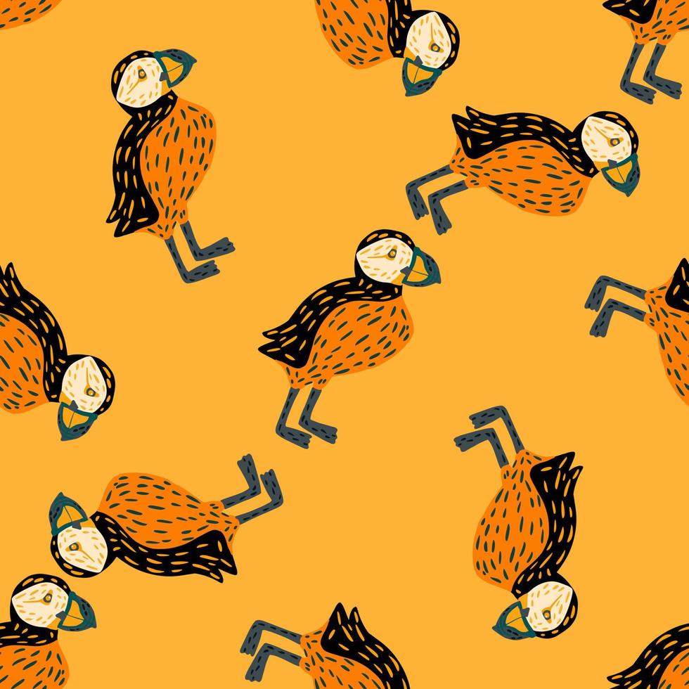 patrón creativo sin costuras con adorno de pájaro frailecillo aleatorio abstracto. paleta de colores naranja y amarillo. vector
