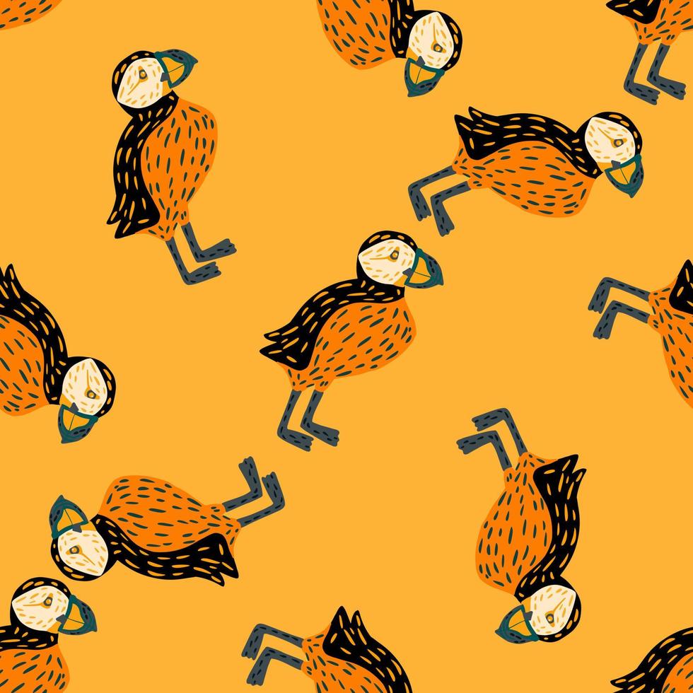 Creative seamless pattern with abstract random puffin bird ornament. Orange and yellow palette colors. vector