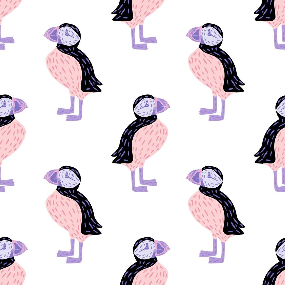 Seamless isolated pattern with cartoon pink and blue colored puffin birds funny kids print. White background. vector