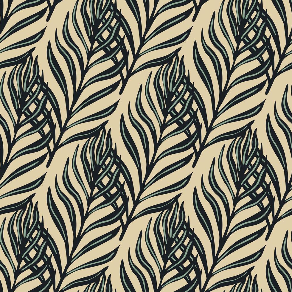 Outline seamless pattern with doodle fern foliage shapes print. Light beige background. Doodle design. vector