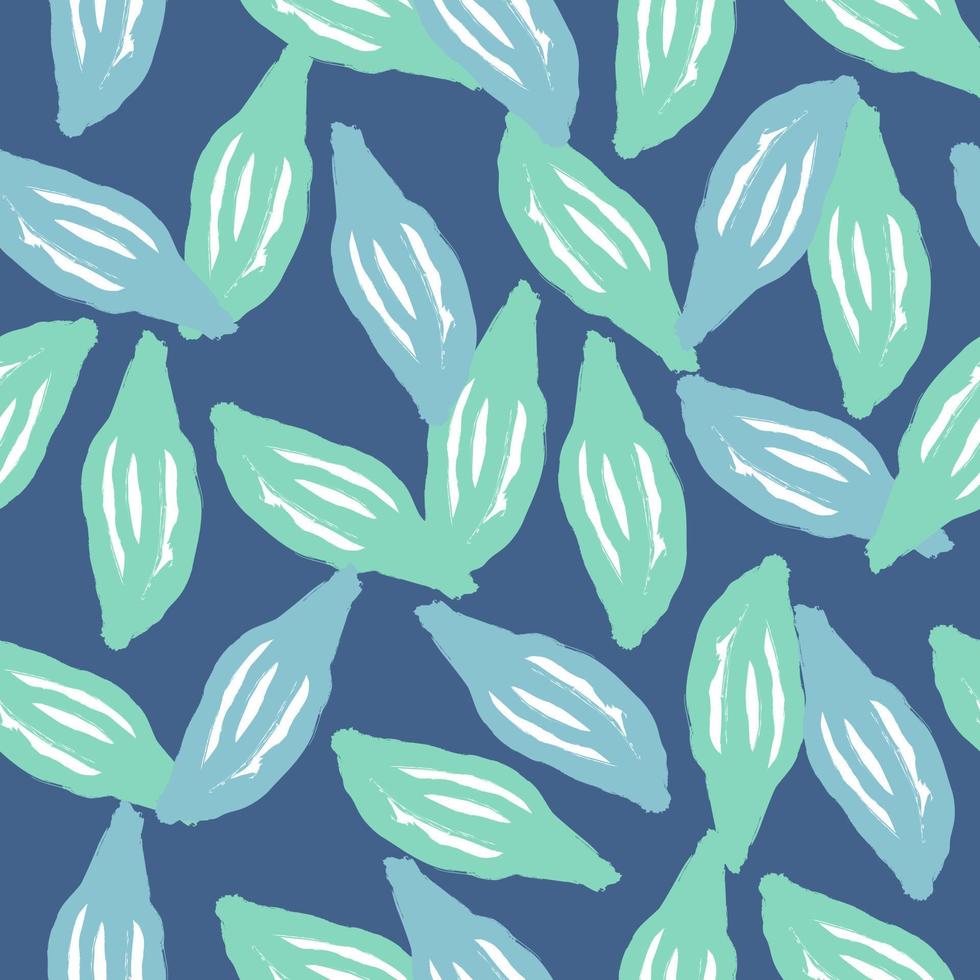 Bright blue leaves seamless pattern in hand drawn doodle style. Random floral botanic backdrop. vector