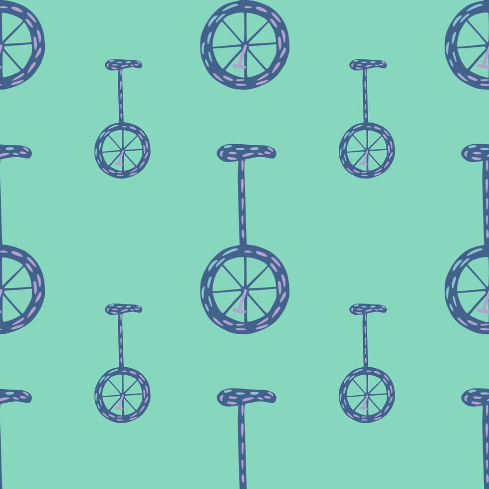 Funny circus seamless pattern with navy blue colored bicycle elements. Light turquoise background. vector