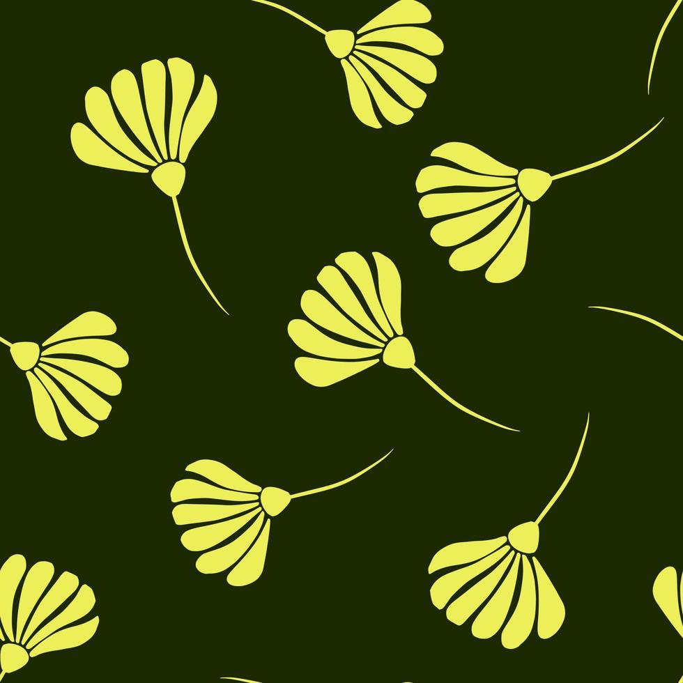 patrón sin costuras de álbum de recortes con formas aleatorias de flores de color amarillo claro. fondo verde oscuro. vector