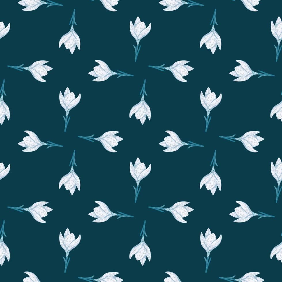 Geometric style seamless pattern with light crocus flowers hand drawn ornament. Dark turquoise background. vector