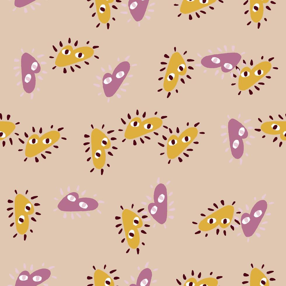 Random yellow and lilac heart elements seamless pattern in cute style. Pastel background. Romantic style. vector