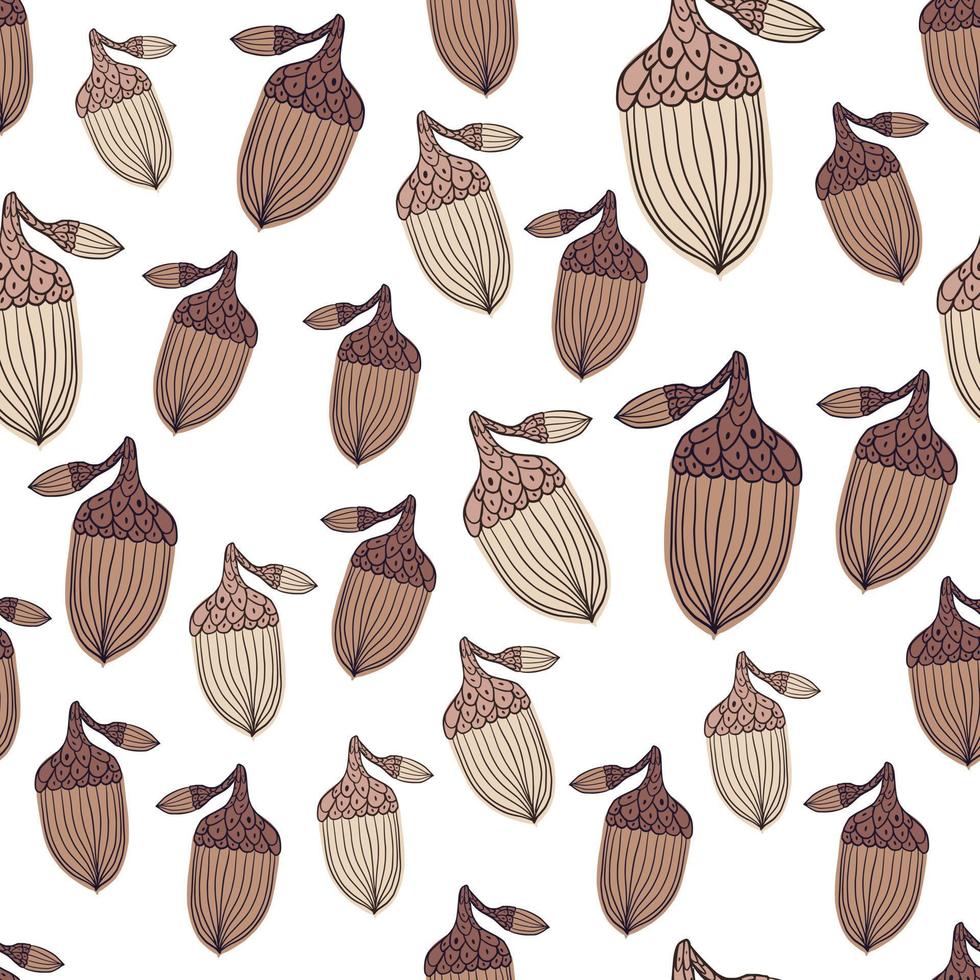 Isolated brown contoured acorn ornament seamless doodle pattern. White background. Forest abstract print. vector