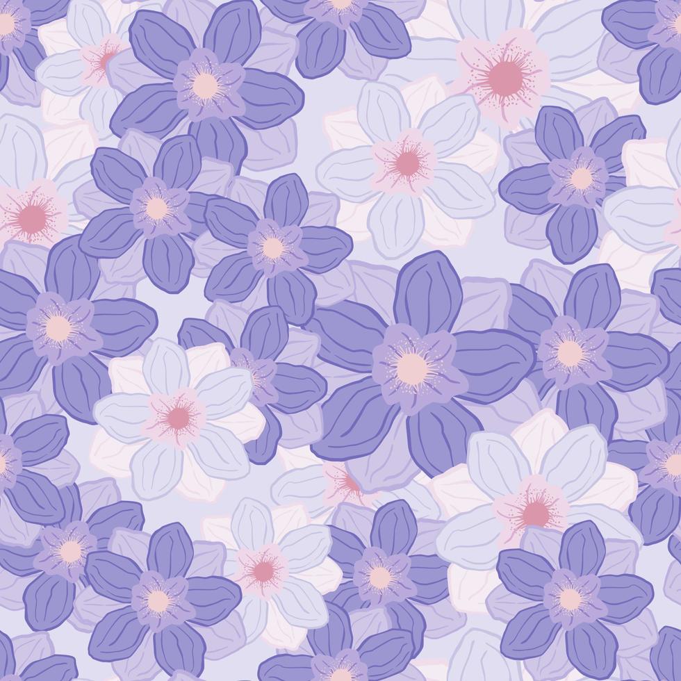 Summer style seamless pattern with purple colored anemone flowers shapes. Pastel colored artwork. vector