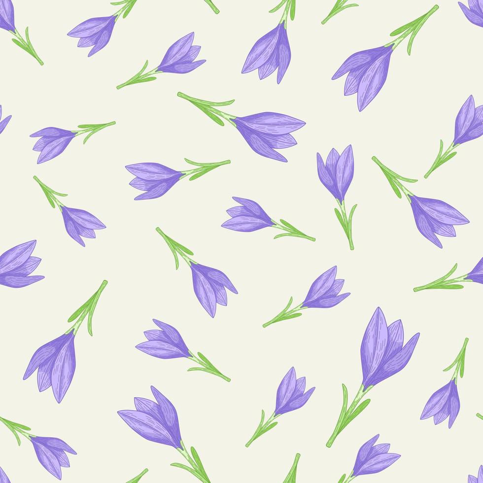 Isolated seamless floral pattern with blue outline crocus flower shapes. White background. Simple style. vector