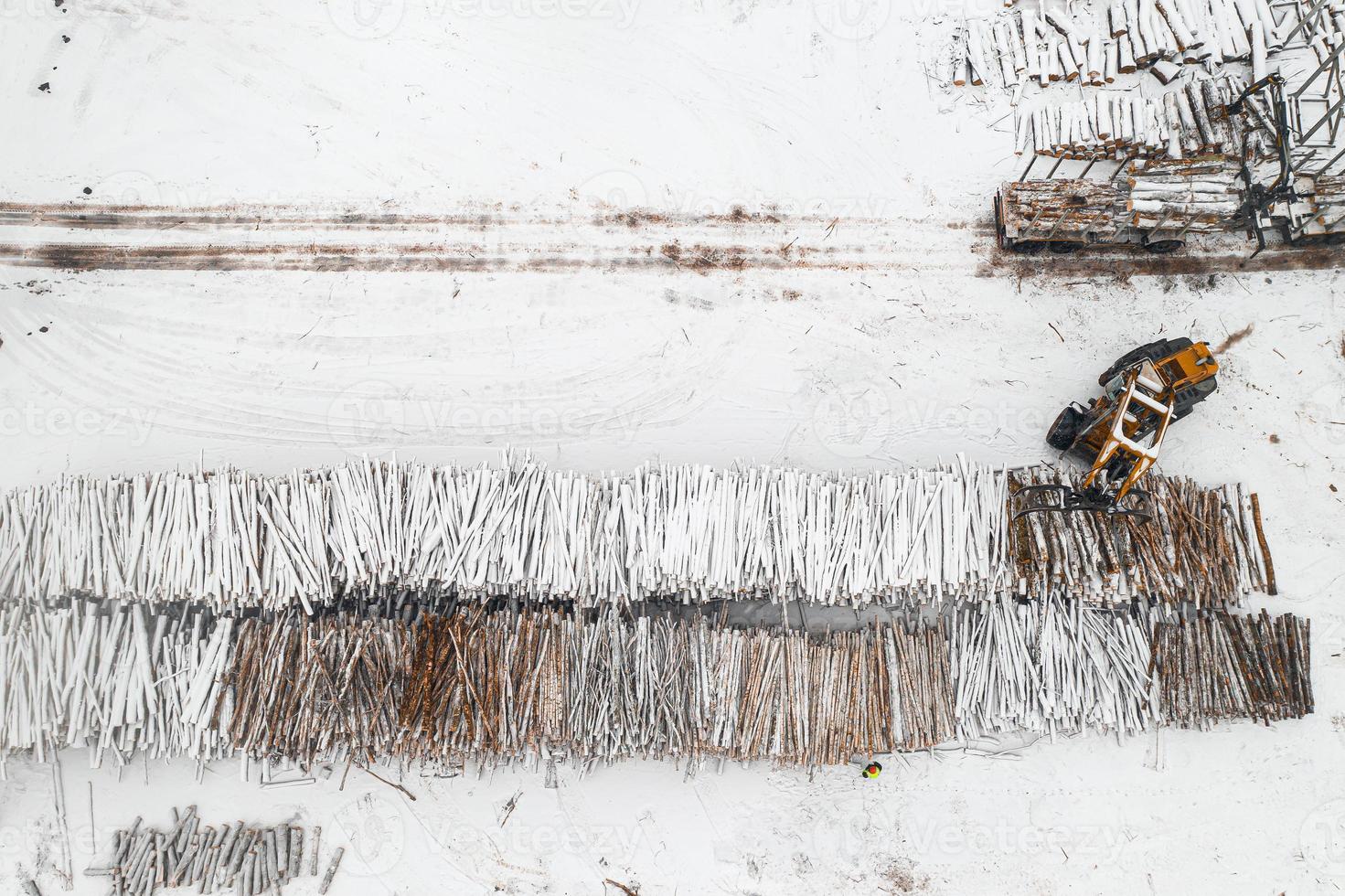 Loader loads logs stacked in piles covered with snow top view photo