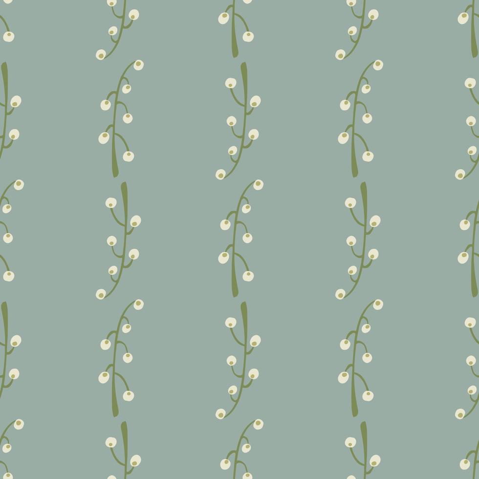 Minimalistic seamless pattern with green and white colored branches with berries. Blue background. vector