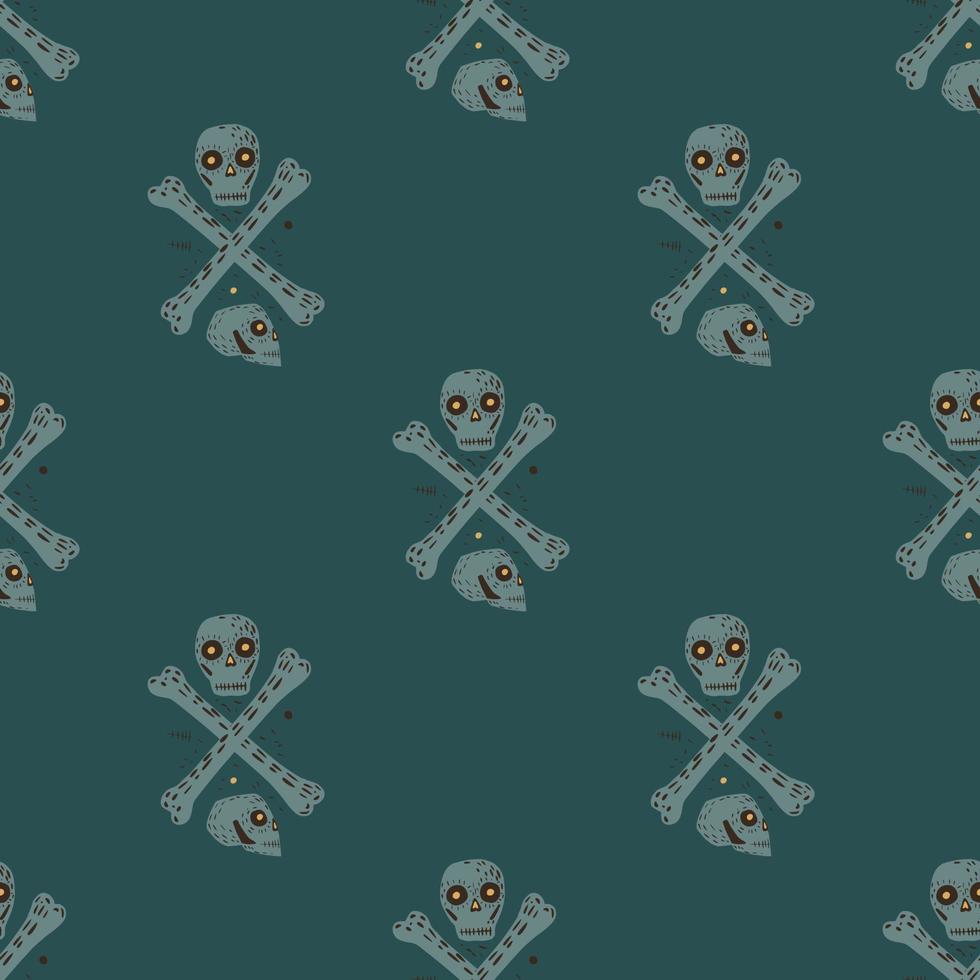 Danger seamless doodle pattern with simple skulls and bones sihouettes. Grey pirate ornament on dark turquoise background. vector