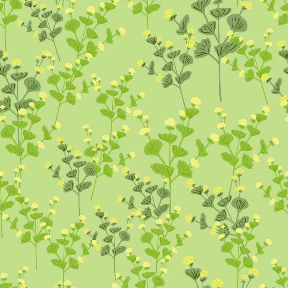 Summer meadow seamless nature pattern with random light green wildflowers silhouetes. Pastel background. vector