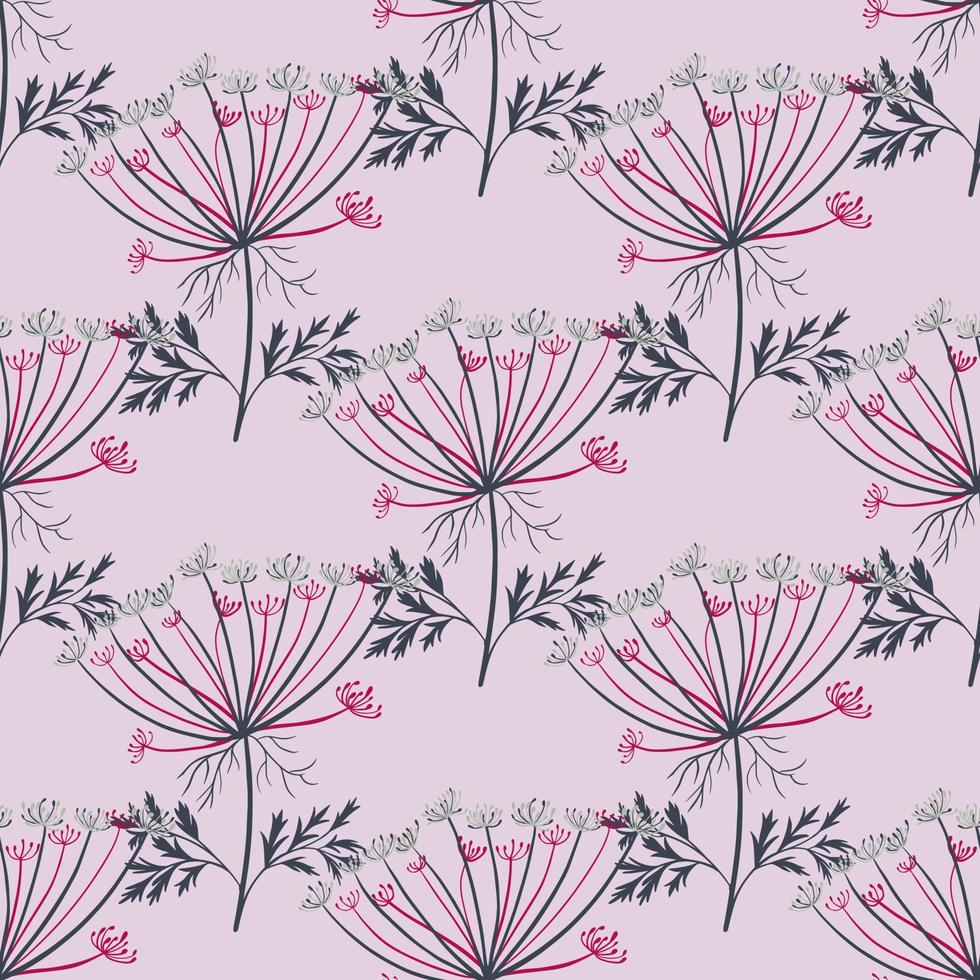Pink colored hand drawn yarrow wild silhouettes seamless pattern. Blue background. Pastel colors. vector