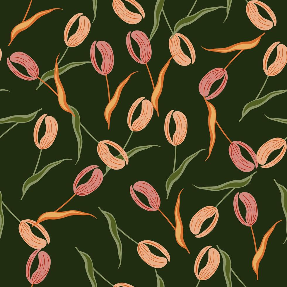 Doodle seamless pattern with pink random tulip shapes print. Dark green background. Vintage style. vector