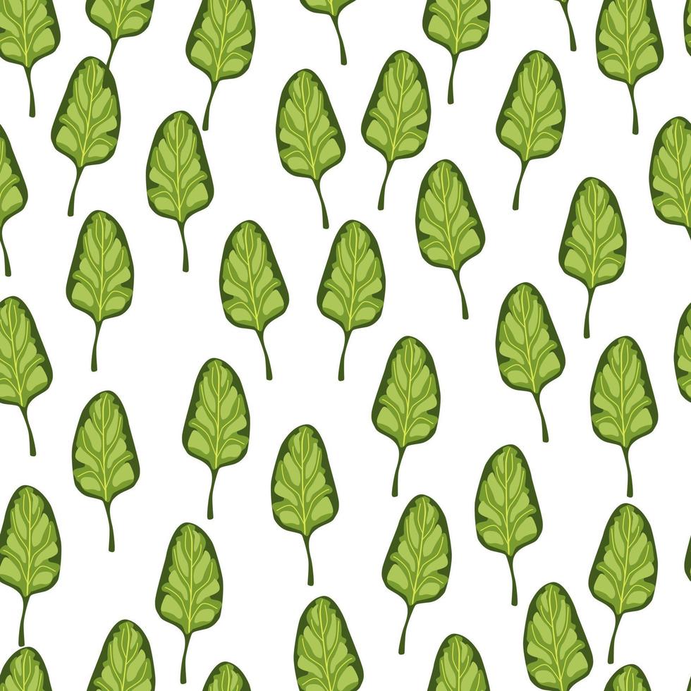 Seamless pattern Spinach salad on white striped background. Modern ornament with lettuce. vector