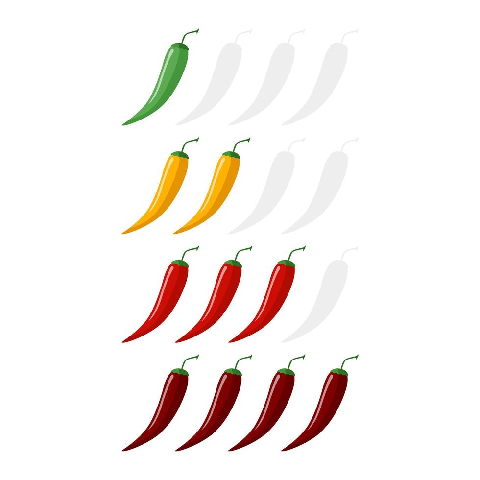 Spicy chilli pepper on the rise heat isolated on white background. Sticker different colors for menu restaurant in flat style. vector